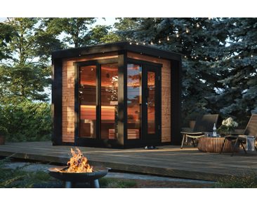 Finnwerk kubische Sauna Element Balance mit Glaspanorama - Gartenaufnahme Abenstimmung, Wellnessoase by Finnwerk