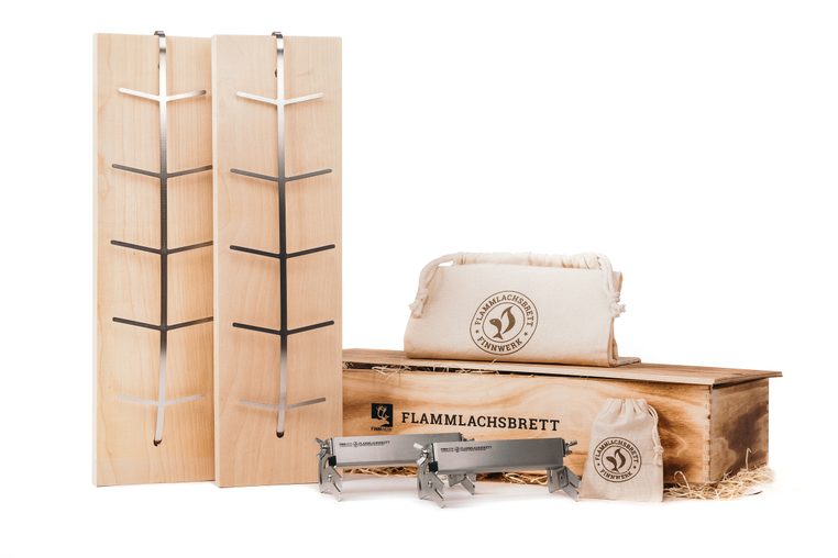 Flammlachsbrett Doppelset mit limitierter Holz-Geschenkbox in neuer Auflage von FInnwerk