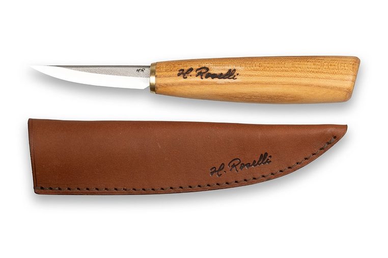 Roselli R113D Schnitzmesser mit kurzer Klinge und Griff aus Rotulme mit Lederscheide.jpg